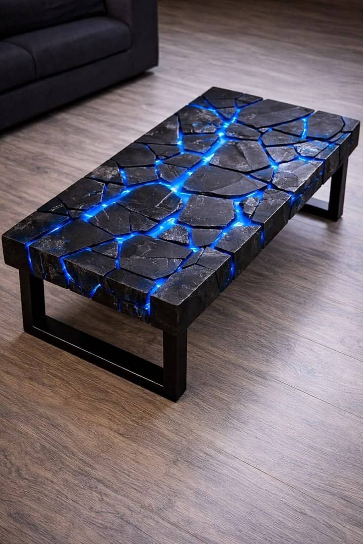 Handcrafted Black Slate & Glowing Blue Epoxy Coffee Table | Modern Lava River Table