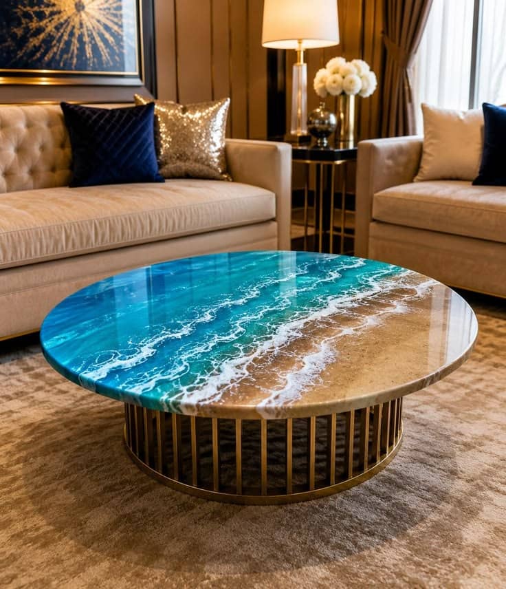 Round Ocean Wave Epoxy Coffee Table | Luxury Resin Beach Centerpiece